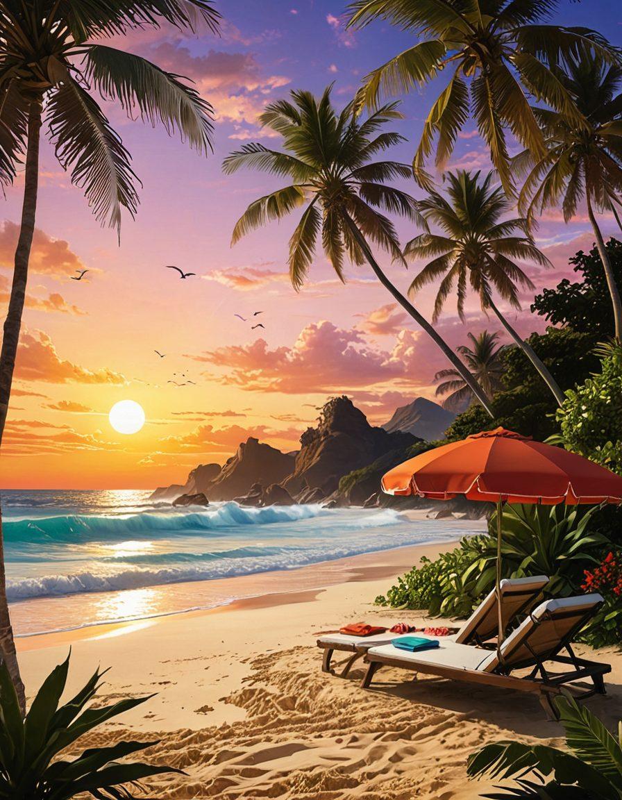 A captivating beach scene where vibrant waves meet a colorful sand shore, infused with elements of erotic manga art—stylized characters lounging under palm trees, engaged in playful, flirtatious interactions. The background features a brilliant sunset casting a warm glow, with beach umbrellas and surfboards adorned with manga illustrations. Bright, vivid colors to enhance the atmosphere, combining the allure of beach culture with manga aesthetics. super-realistic. vibrant colors. 3D.