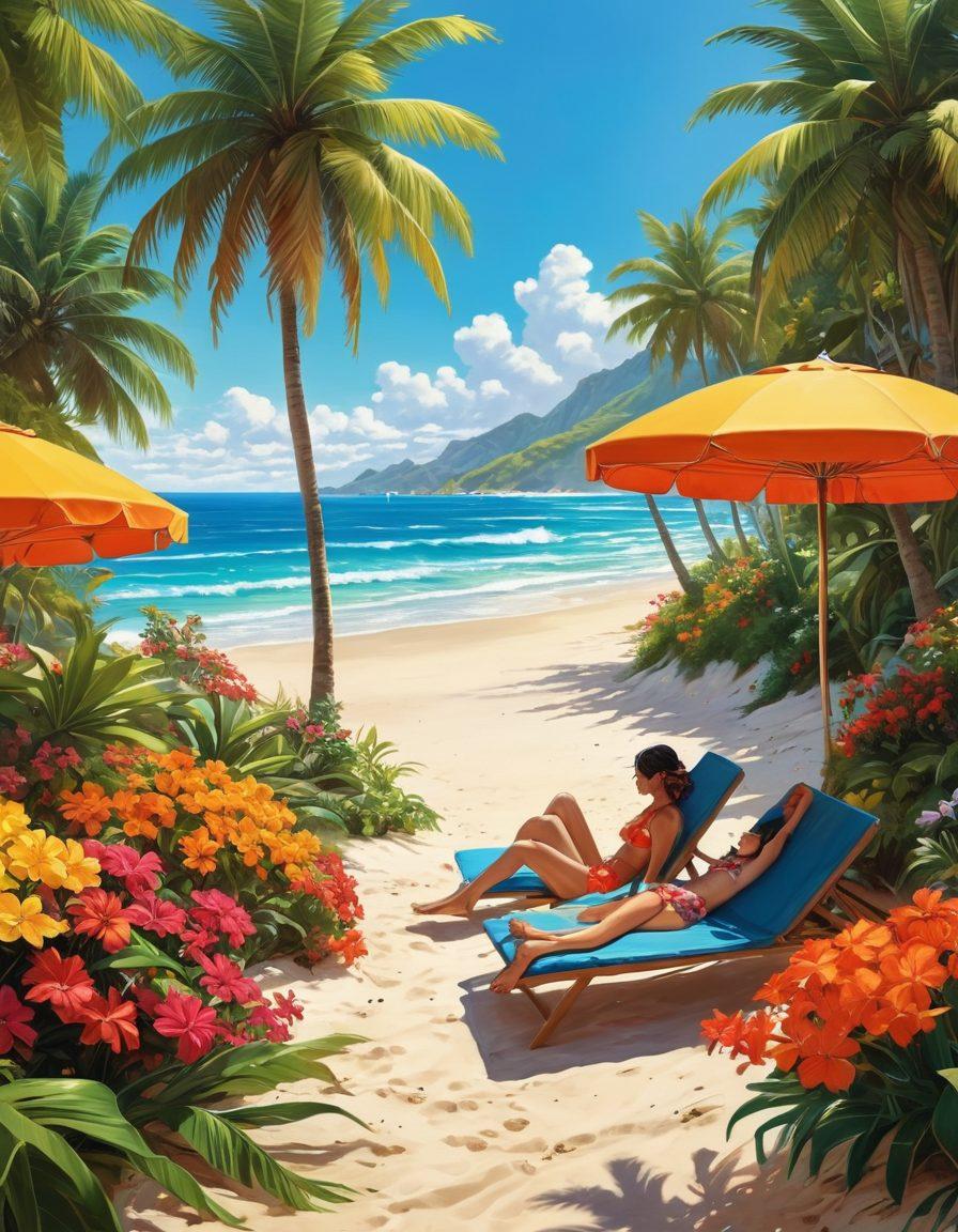 A captivating beach scene featuring a colorful array of beachwear, with seductive manga characters sunbathing and enjoying the sun, surrounded by lush tropical flora and gentle waves. The artwork should evoke a sense of allure and fantasy, with bold colors and intricate details in both the characters and the environment. Playful elements like beach umbrellas and surfboards add to the vibrant atmosphere. super-realistic. vibrant colors. tropical theme.