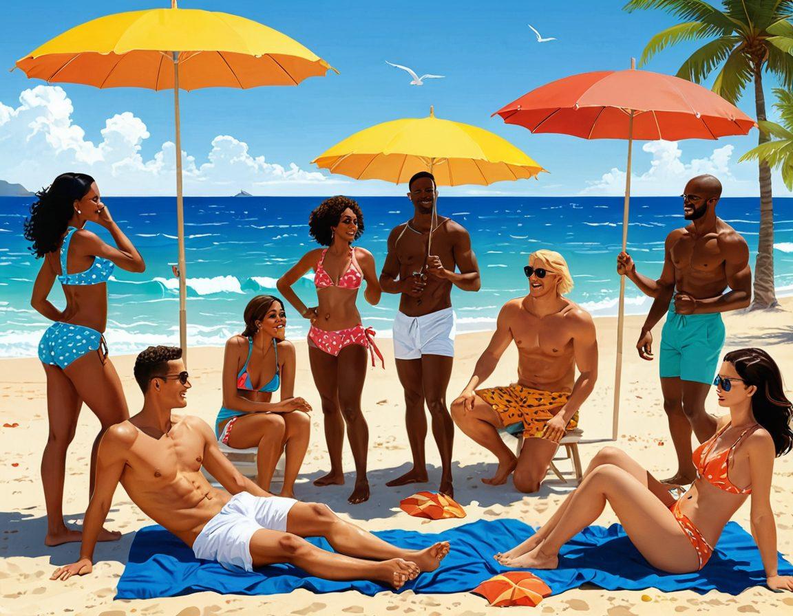 An idyllic beach scene featuring diverse adults enjoying various beach activities, showcasing comfortable beachwear. Illustrate characters with playful expressions exchanging flirtatious glances, surrounded by colorful beach umbrellas and golden sand. Include elements of adult comics, such as stylized speech bubbles with humorous dialogues. Let the sun shimmer in the background, creating a warm and inviting atmosphere. vibrant colors. super-realistic. summer vibes.